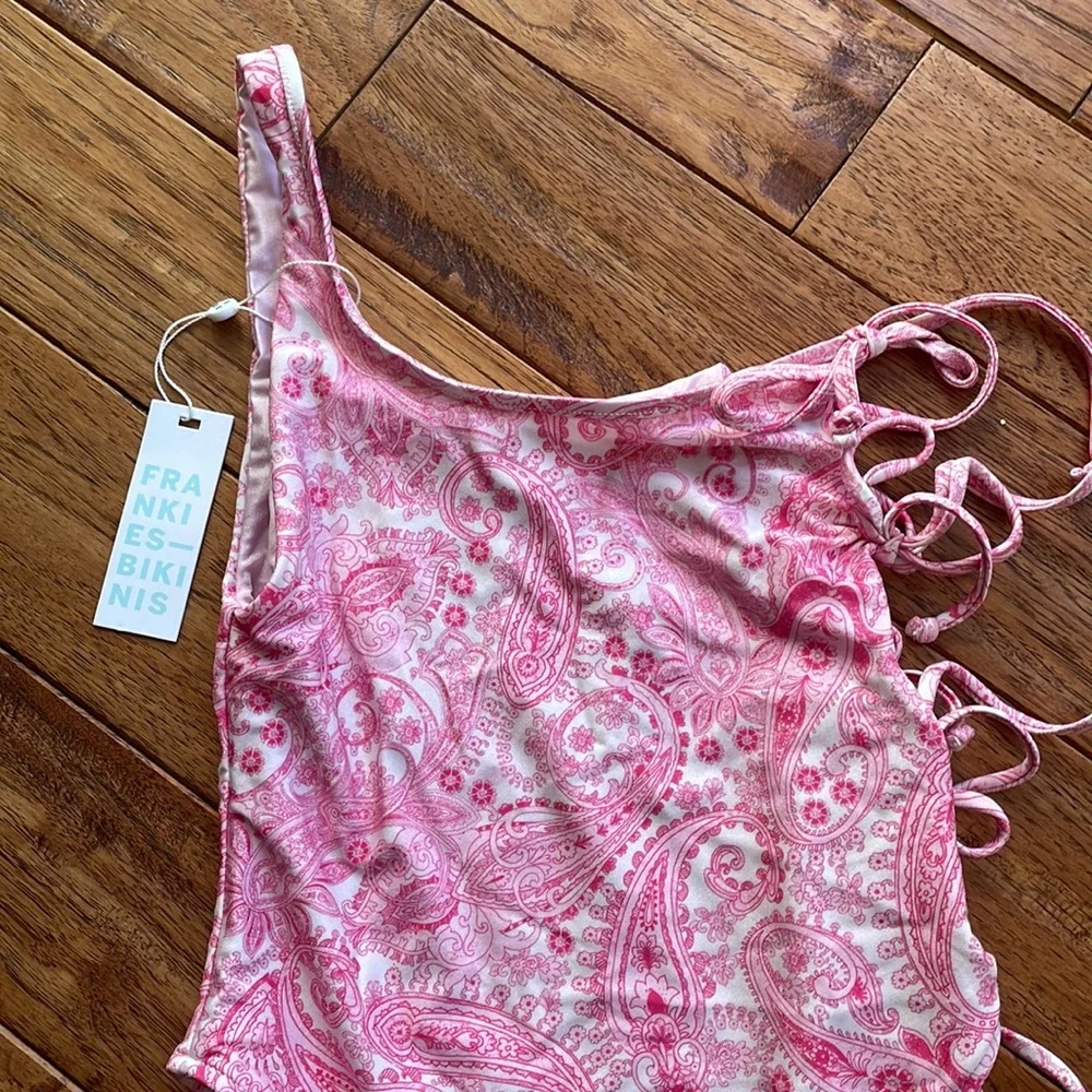 NWT Frankie’s Bikinis Honey Shine pink pattern one piece, one shoulder, …